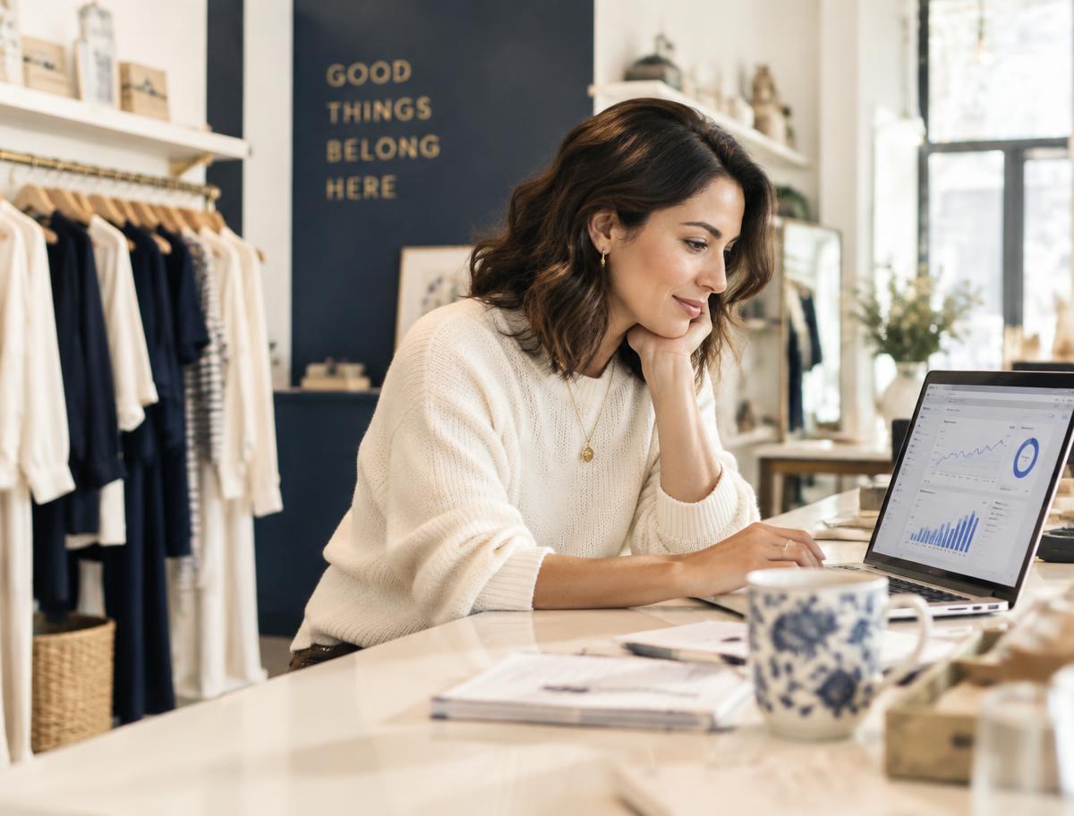 Independent shop owner reviewing her brand's visibility on a laptop